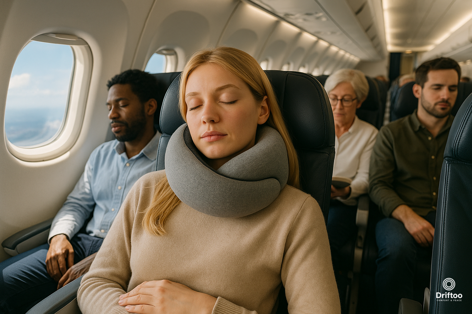 Sleeping woman wearing Driftoo™ comfort pillow on airplane surrounded by other passengers