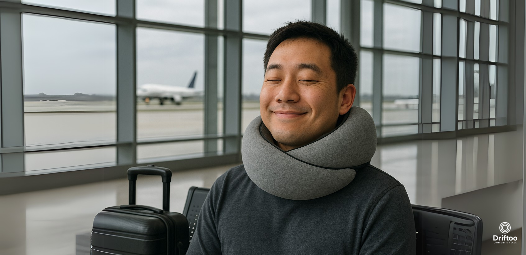 Smiling man wearing Driftoo™ comfort pillow at the airport with suitcase in background