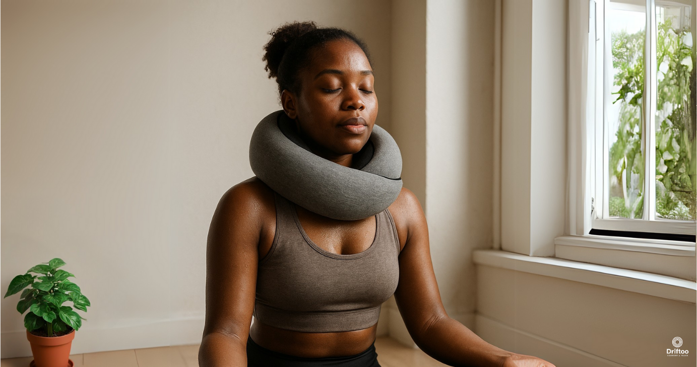 Woman meditating peacefully while wearing the Driftoo™ comfort pillow indoors