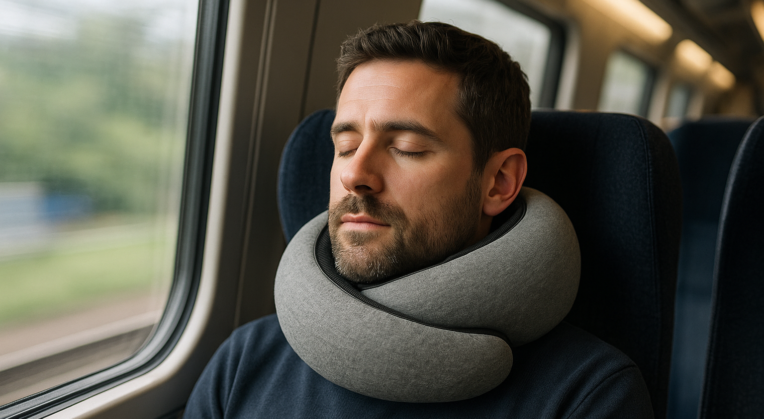 Man sleeping on a train wearing the Driftoo™ comfort pillow for neck support