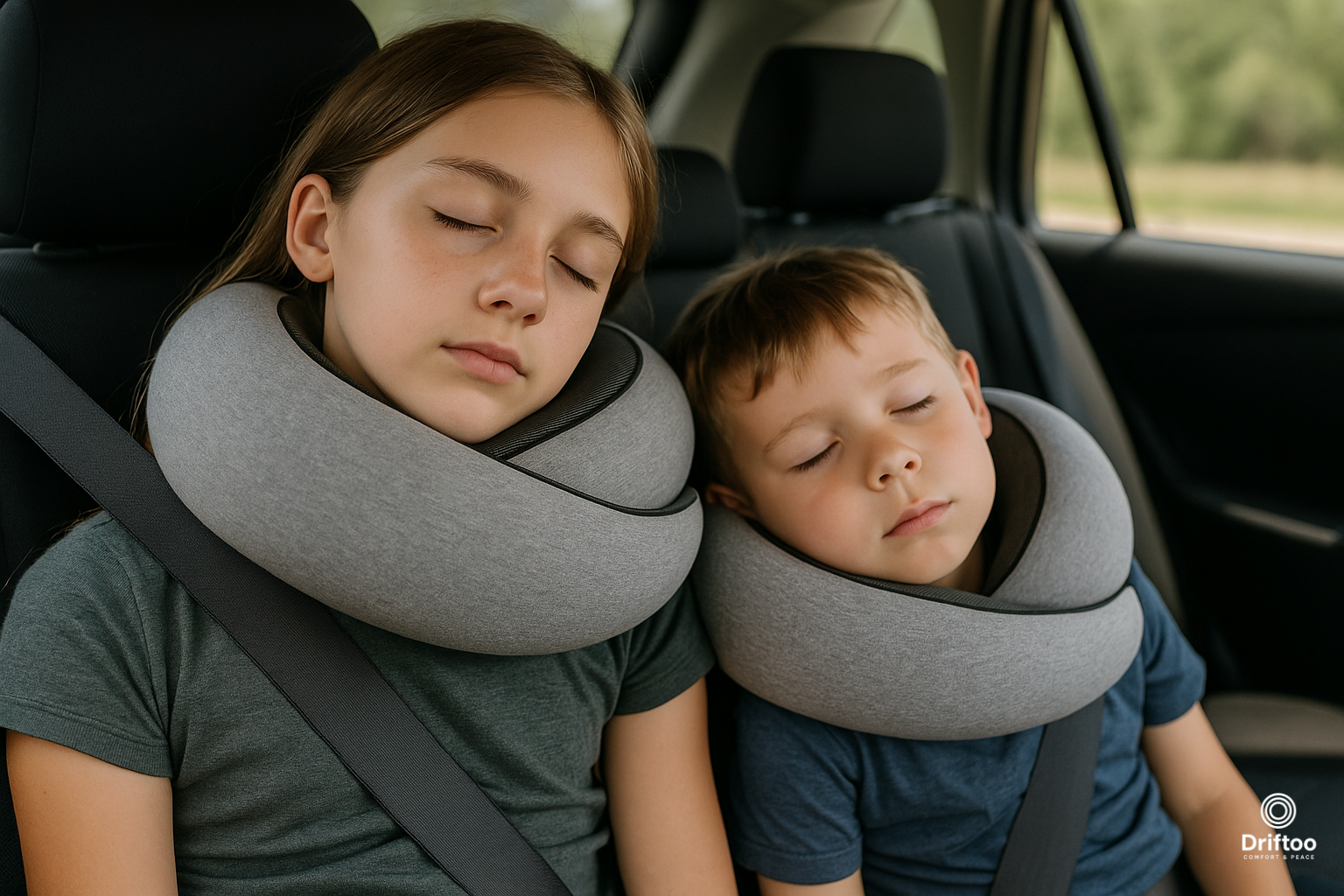 Two kids sleeping in a car with Driftoo™ comfort pillows for neck support