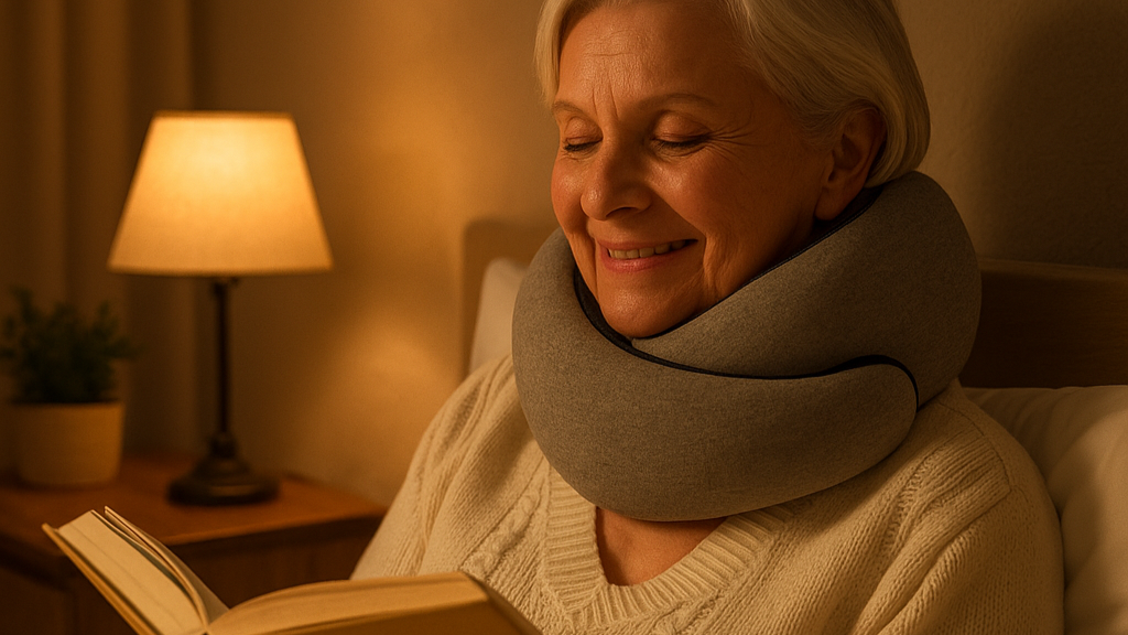 Smiling senior woman reading in bed while wearing the Driftoo™ comfort pillow