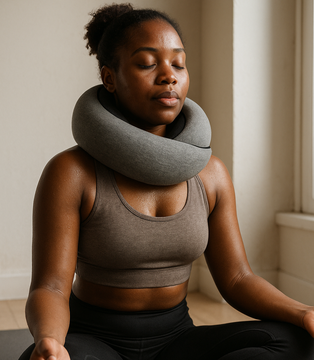 Woman meditating peacefully while wearing the Driftoo™ comfort pillow indoors