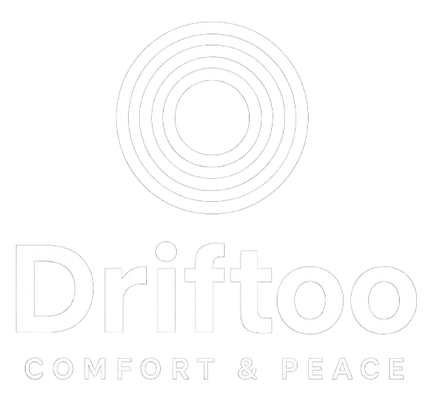 Driftoo™ logo with tagline Comfort & Peace and three white concentric circles