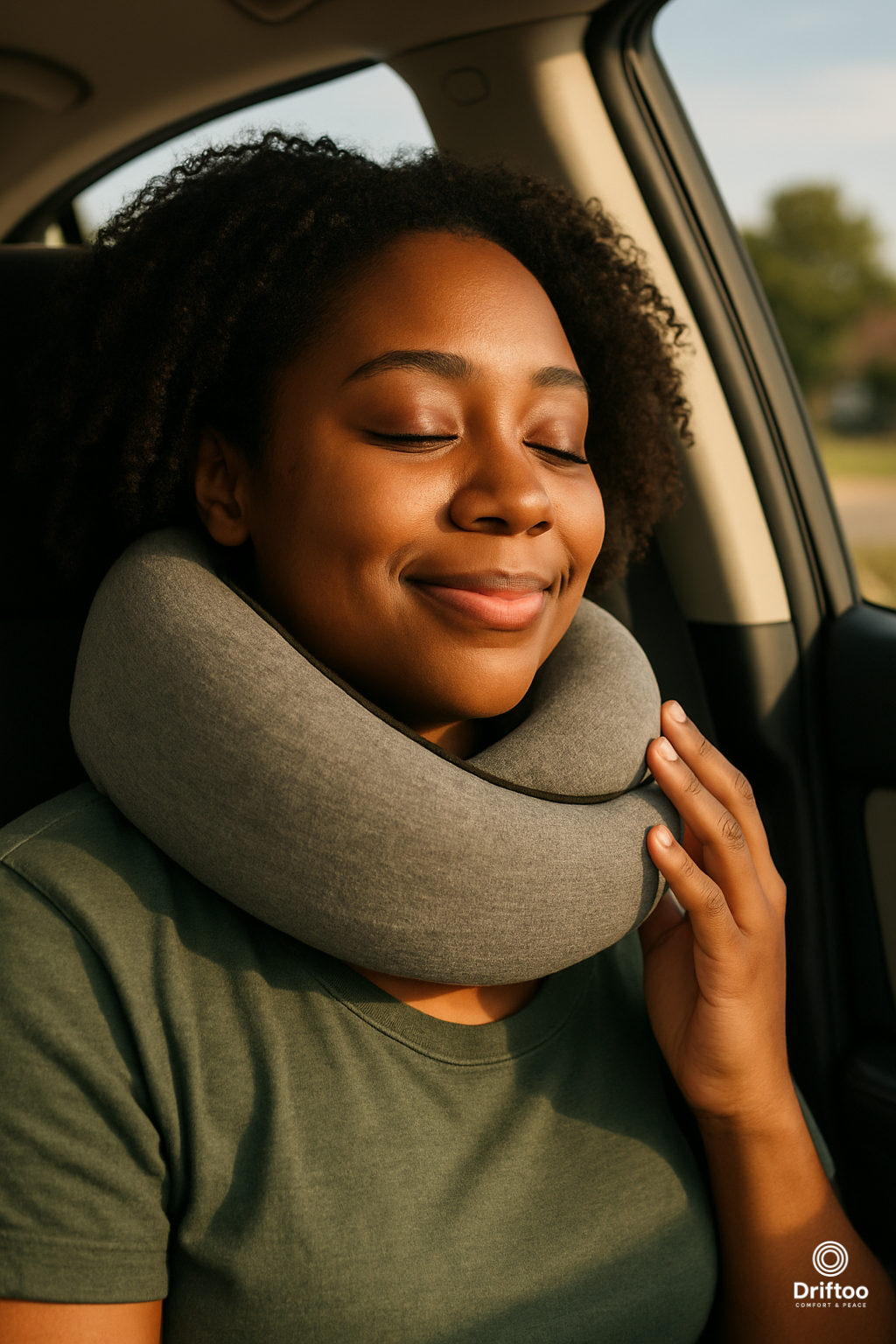 Woman smiling with eyes closed while wearing Driftoo™ comfort pillow during car ride