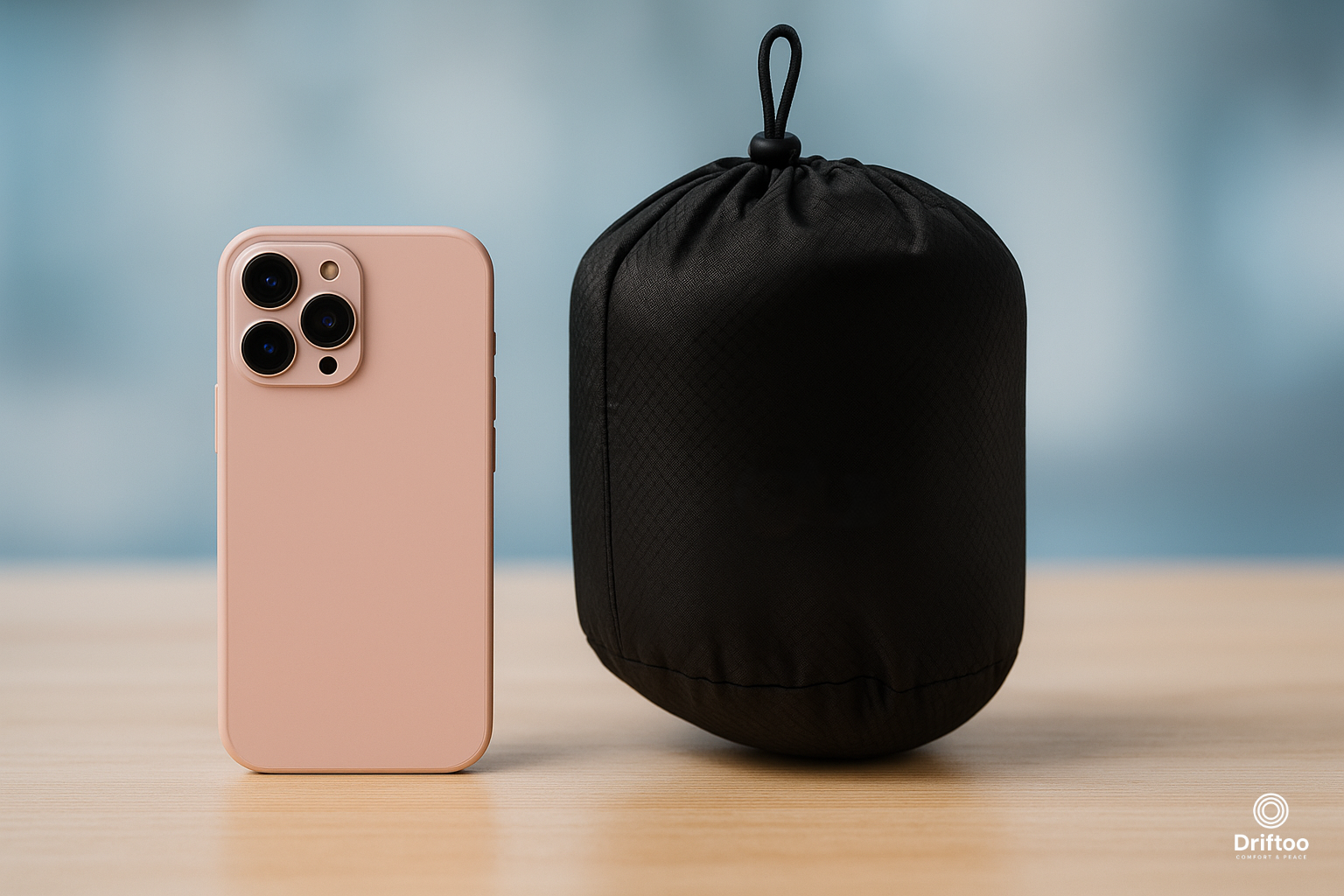 Driftoo™ comfort pillow in travel pouch next to smartphone for size comparison