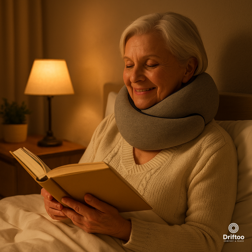 Smiling senior woman reading in bed while wearing the Driftoo™ comfort pillow