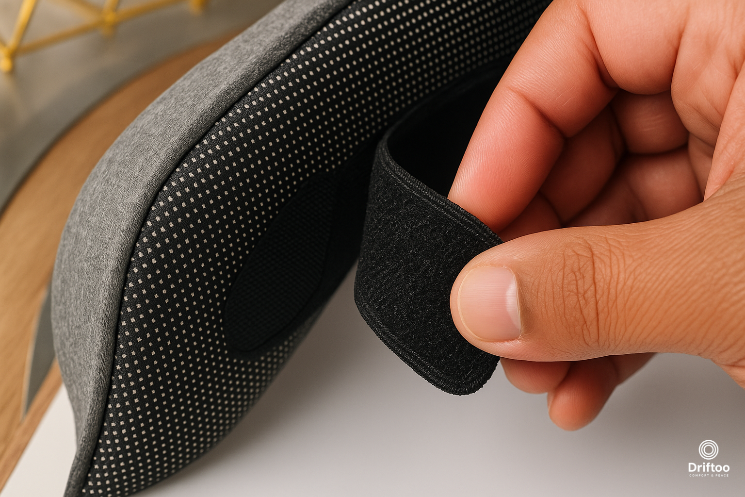 Close-up of Driftoo™ comfort pillow Velcro strap for adjustable neck support