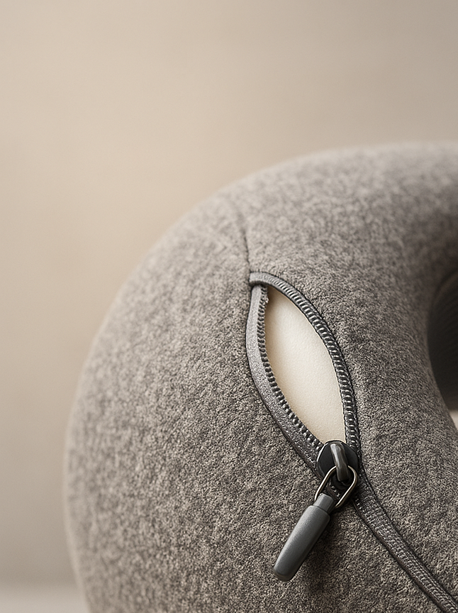 Close-up of Driftoo™ comfort pillow zipper revealing removable memory foam insert